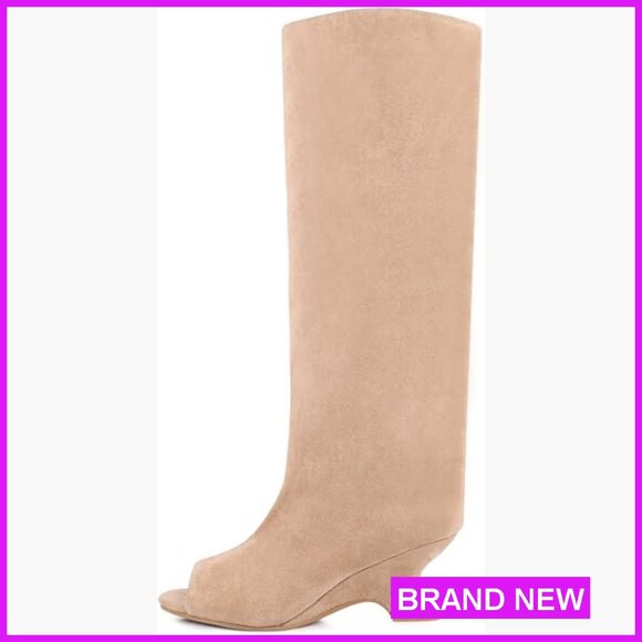 Knee High Open Toe Boots Slouchy Pull On Wedge Heel Minimal Chic Modern